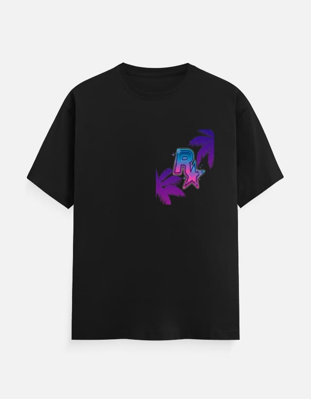 Black Tropical Neon Graphic Printed Round Neck T-Shirt 2